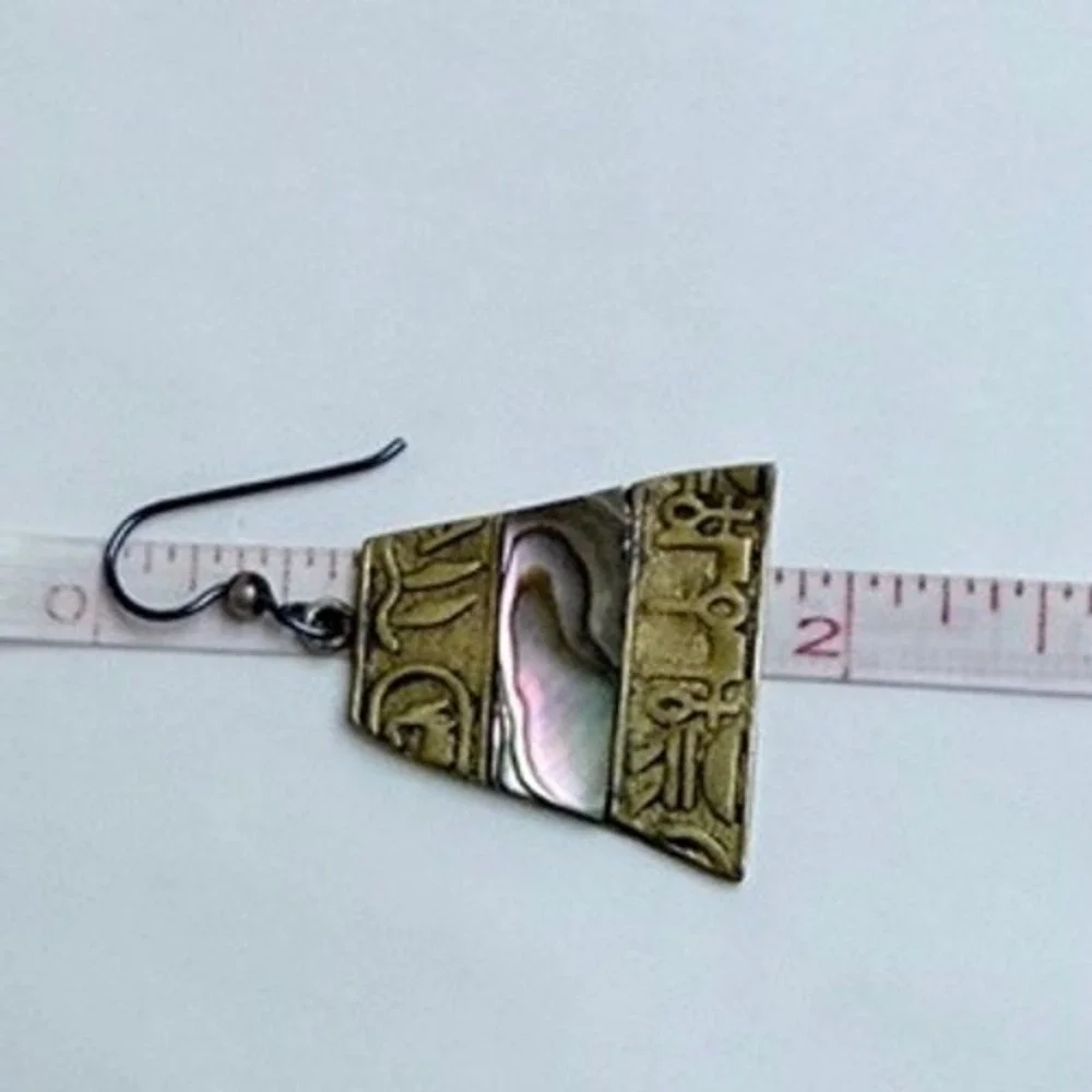Egyptian Hieroglyphic Abalone Shell Inlay Trapezoid Drop Earrings Gold Tone